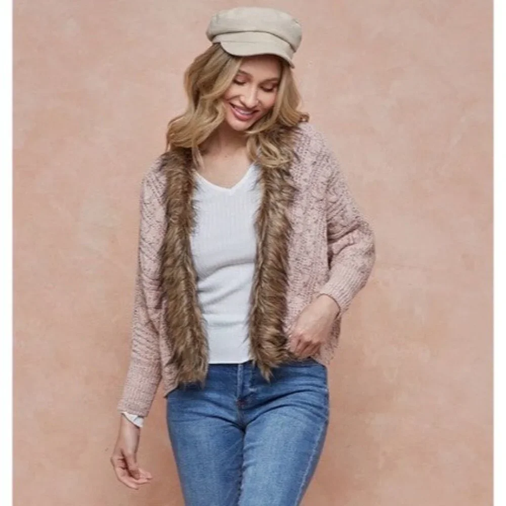 Faux Fur Trim Brown Cable Knit Cardigan | Boho Grunge Fairy Cottagecore Cozycore - Picture 15 of 16